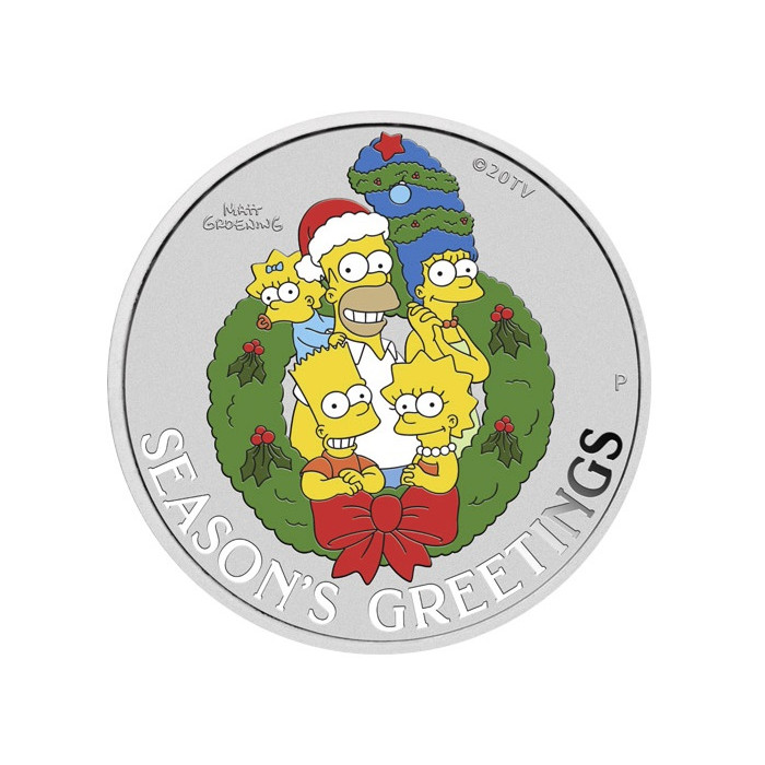 Die Simpsons: Weihnachtsgrüße 2022 (farbige) Silbermünze, 1 unze Die Simpsons: Weihnachtsgrüße 2022 (farbige) Silbermünze, 1 unze