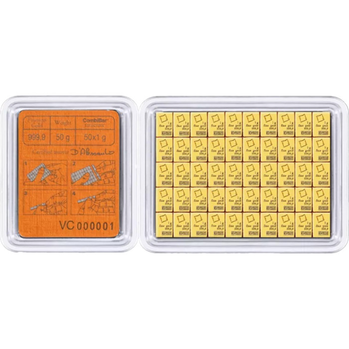 Złota Sztabka Valcambi Combicoin, 50x 1g - back 2
