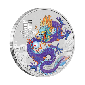 Silber Lunar III Jahr des Drachen 2024, 1 oz (Purple Coin-Card) Rückseite