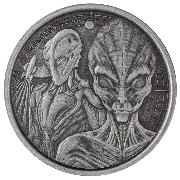 Srebrna Moneta Ghana, Alien Invasion 2023 Antiqued, 1 uncja - rewers Srebrna Moneta Ghana, Alien Invasion 2023 Antiqued, 1 uncja - rewers