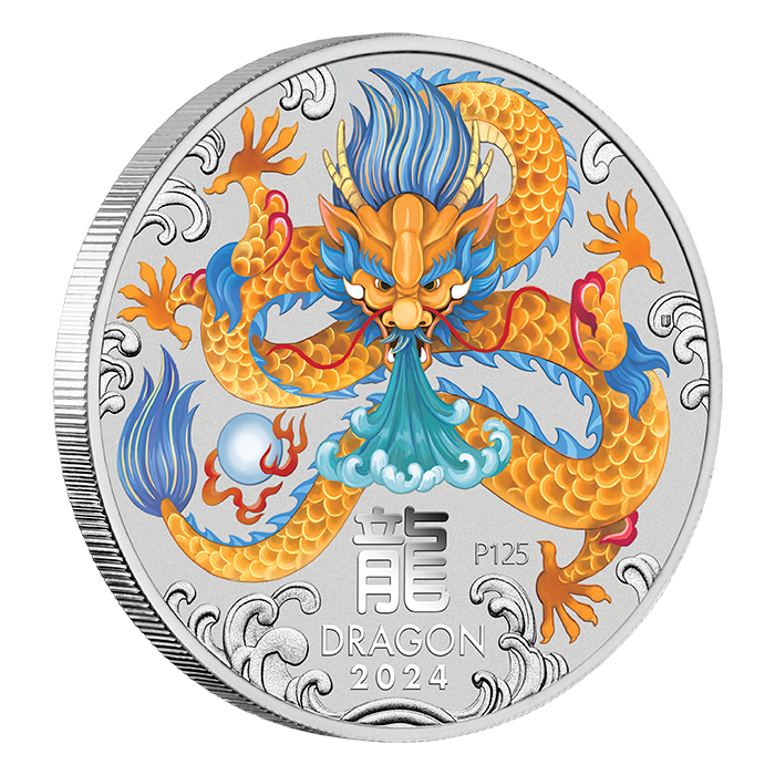Silber Lunar III Jahr des Drachen 2024 Münze, 2 oz (Farbe) - Rückseite Silber Lunar III Jahr des Drachen 2024 Münze, 2 oz (Farbe) - Rückseite