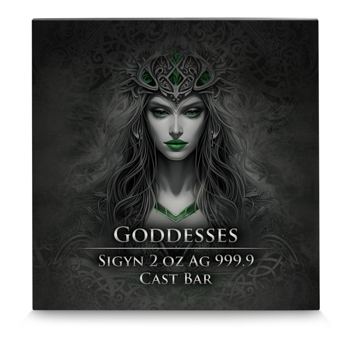 Srebrna Sztabka Germania Mint: Goddesses: Sigyn, 2 uncje - box