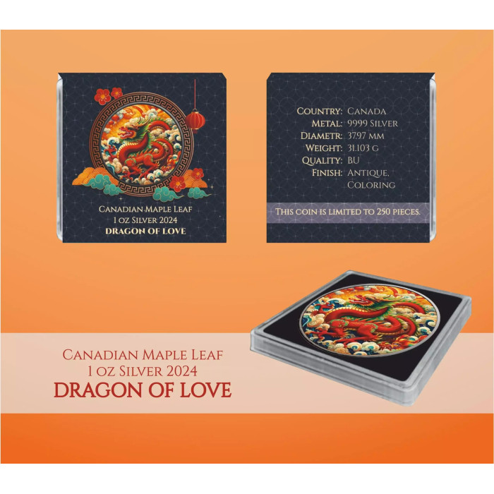 Kanadische Maple Leaf Dragon of Love 2024 Silbermünze, 1 oz - Box Kanadische Maple Leaf Dragon of Love 2024 Silbermünze, 1 oz - Box