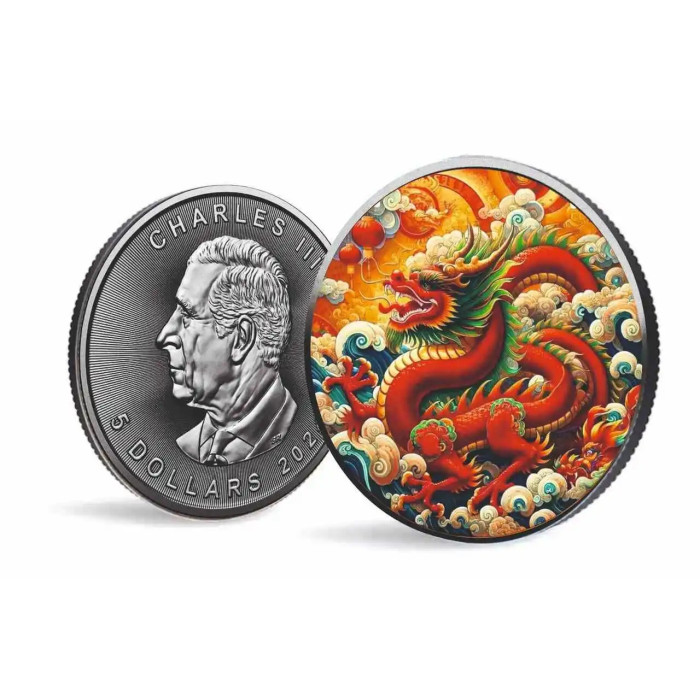 Kanadische Maple Leaf Dragon of Love 2024 Silbermünze, 1 oz - Vorderseite Kanadische Maple Leaf Dragon of Love 2024 Silbermünze, 1 oz - Vorderseite