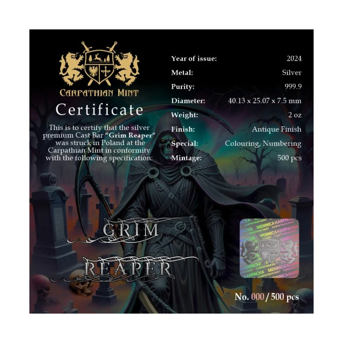 Srebrna Sztabka Carpatia Mint: Grim Reaper 2024, 2 uncje - certyficate Srebrna Sztabka Carpatia Mint: Grim Reaper 2024, 2 uncje - certyficate