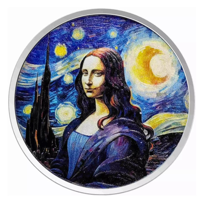 mona Srebrna Moneta Fidżi: Mona Lisa x Van Gogh 2024 Color, 1 uncja