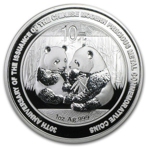 China Panda 2009 30th Anniversary Silver Coin, 1 oz - reverse side