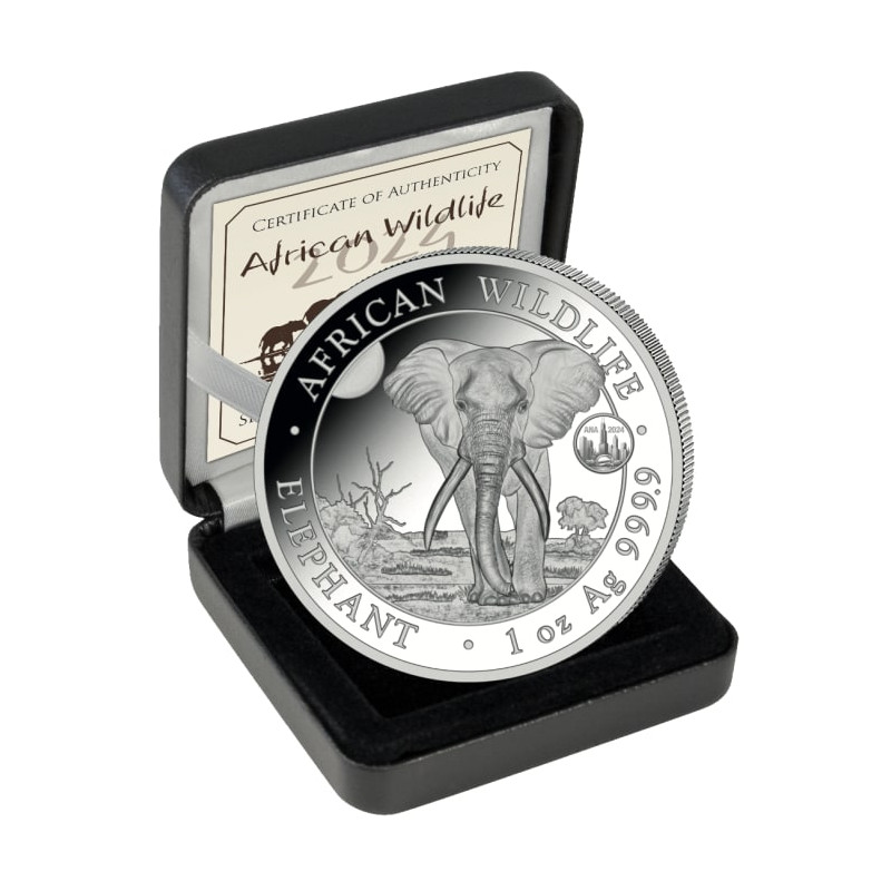 Somalischer Elefant 2024 ANA Silbermünze, 1 oz. Somalischer Elefant 2024 ANA Silbermünze, 1 oz.