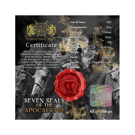 Srebrna Moneta Seven Seals of Apocalypse 2023, 3 uncje - certyficate Srebrna Moneta Seven Seals of Apocalypse 2023, 3 uncje - certyficate