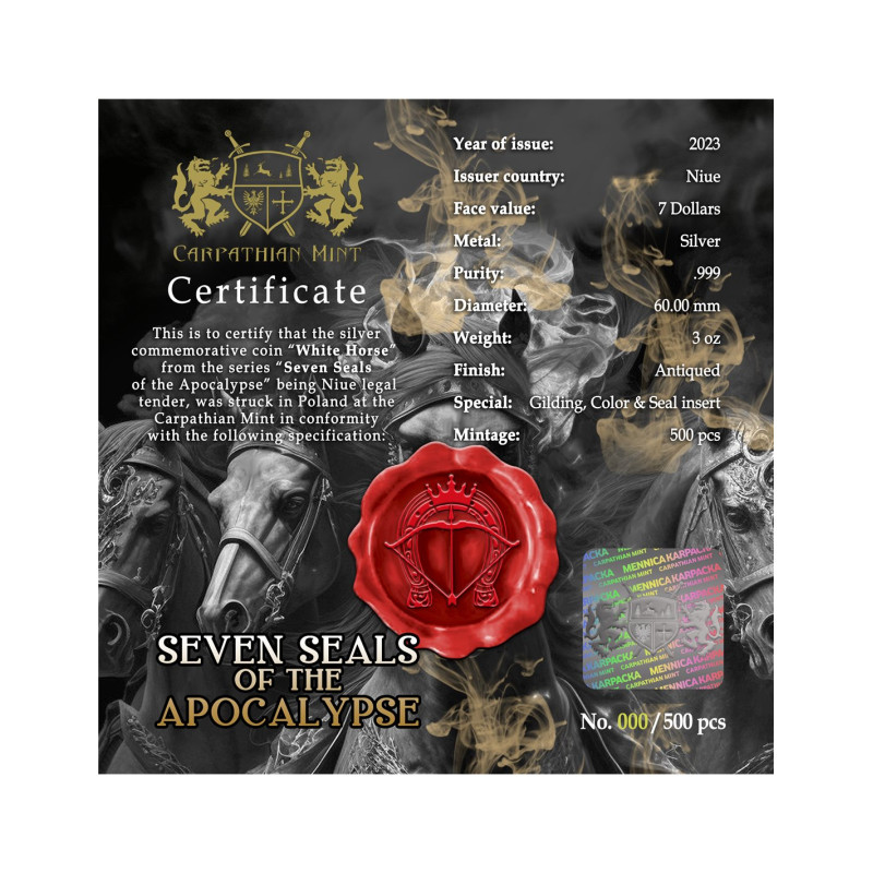 Srebrna Moneta Seven Seals of Apocalypse 2023, 3 uncje - certyficate Srebrna Moneta Seven Seals of Apocalypse 2023, 3 uncje - certyficate