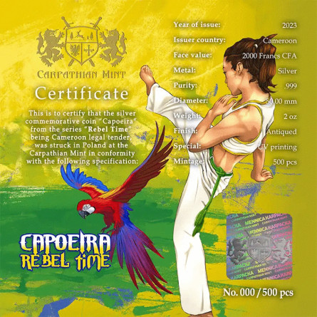 Srebrna Moneta Rebel Time: Capoeira 2023, 2 uncje - certificate Srebrna Moneta Rebel Time: Capoeira 2023, 2 uncje - certificate