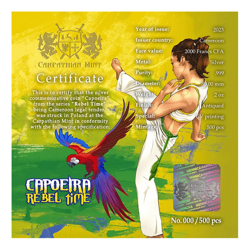 Srebrna Moneta Rebel Time: Capoeira 2023, 2 uncje - certificate Srebrna Moneta Rebel Time: Capoeira 2023, 2 uncje - certificate