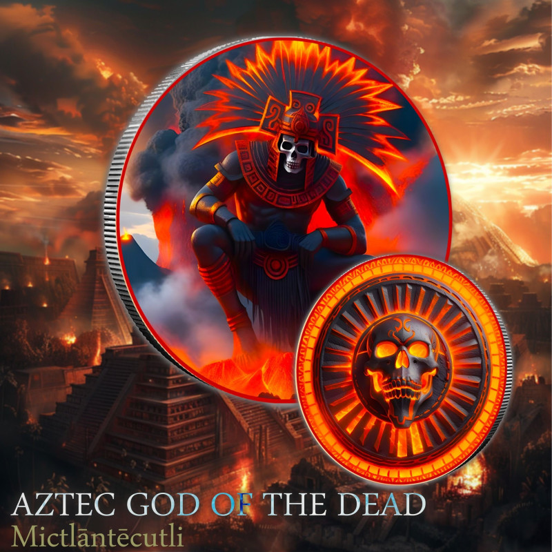 Srebrny Medaille Aztekischer Gott des Todes Farbe, 1 uncja - Foto 1 Srebrny Medaille Aztekischer Gott des Todes Farbe, 1 uncja - Foto 1
