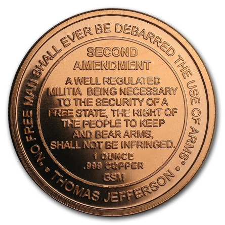Miedziany Medaille Zweiter Verfassungszusatz (Recht, Waffen zu tragen), 1 uncja - awers