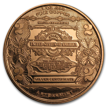 Copper Medal $2.00 Washington Banknote Replica, 1 oz - reverse side