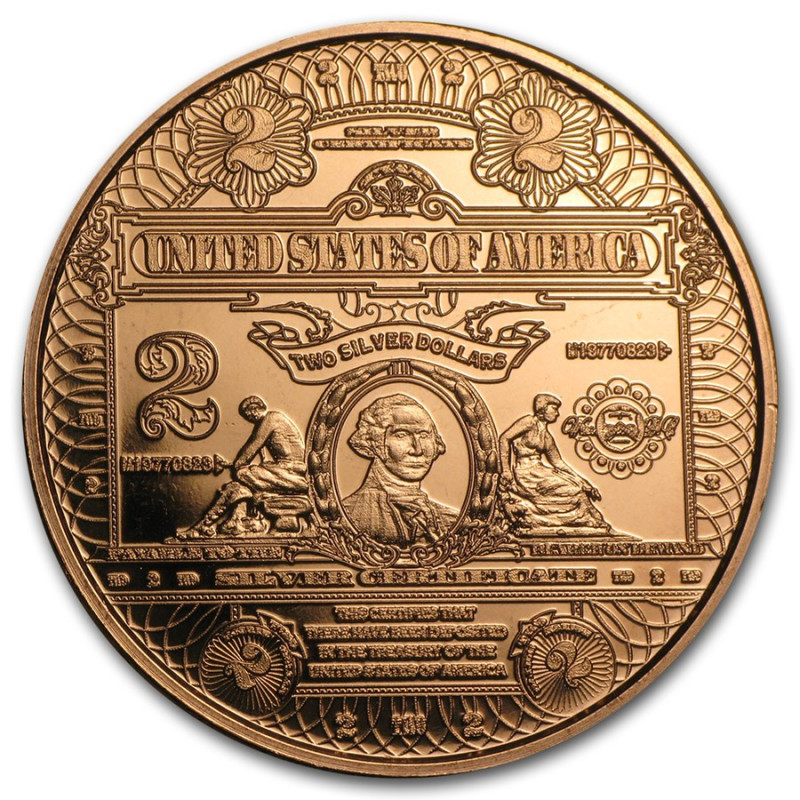 Miedziany Medal $2.00 Washington Banknote Replica, 1 uncja - awers Miedziany Medal $2.00 Washington Banknote Replica, 1 uncja - awers