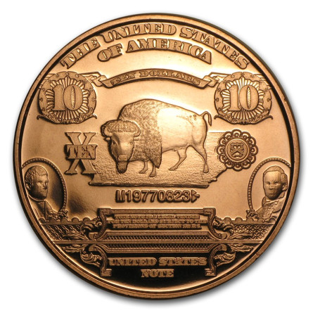 Copper Medal $10 Bison Banknote Replica, 1 ounce - reverse side Copper Medal $10 Bison Banknote Replica, 1 ounce - reverse side