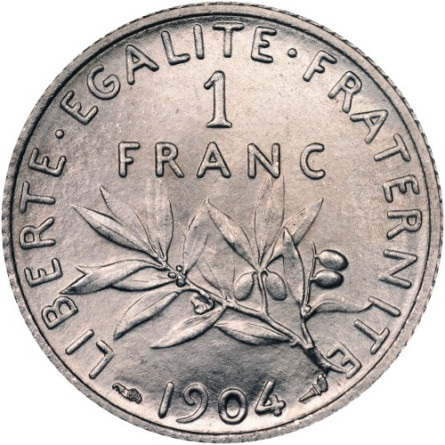 Silbermünze V Republik des Sämanns, 1 Frank 1898-1920, 5g - Rückseite