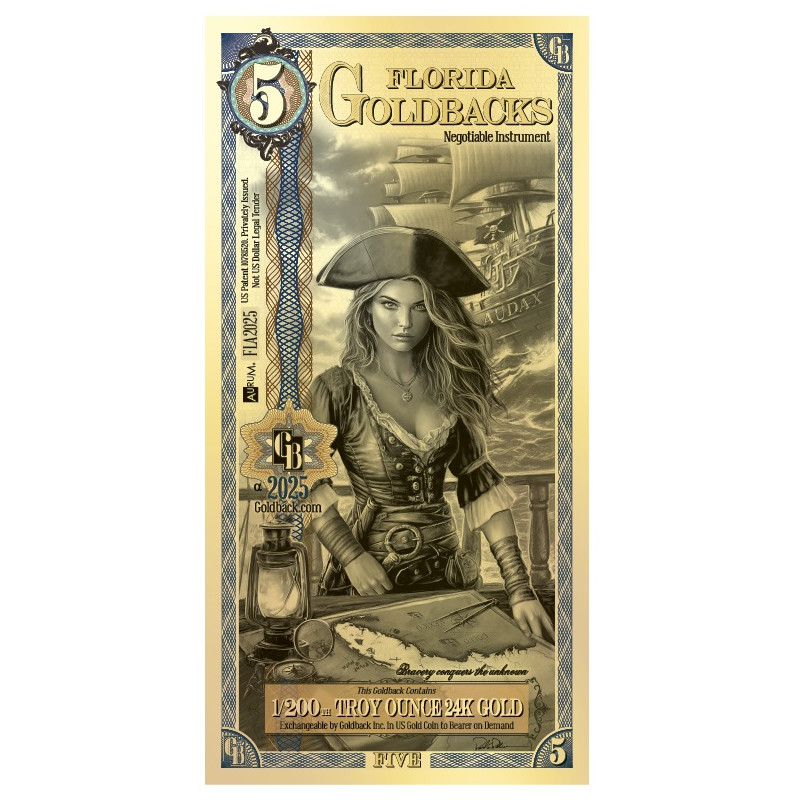 Złoty Banknot 5 Florida Goldback Gold Note, 1/200 uncji - rewers Złoty Banknot 5 Florida Goldback Gold Note, 1/200 uncji - rewers