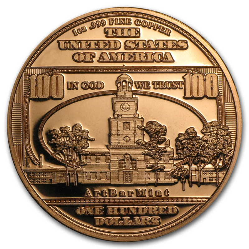Miedziany Medal $100 Benjamin Franklin Banknote Replica, 1 uncja - awers