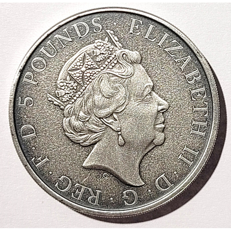 Srebrna Moneta Queen's Beasts: Lion of of England 2016 (Antiqued), 2 uncje - awers Srebrna Moneta Queen's Beasts: Lion of of England 2016 (Antiqued), 2 uncje - awers
