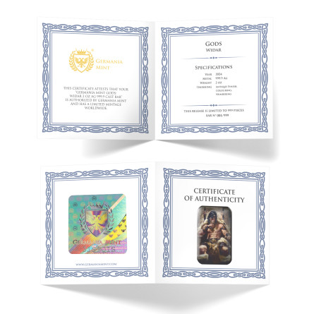 Srebrna Sztabka Germania Mint Gods: Widar, 2 uncje - certyfiakat Srebrna Sztabka Germania Mint Gods: Widar, 2 uncje - certyfiakat