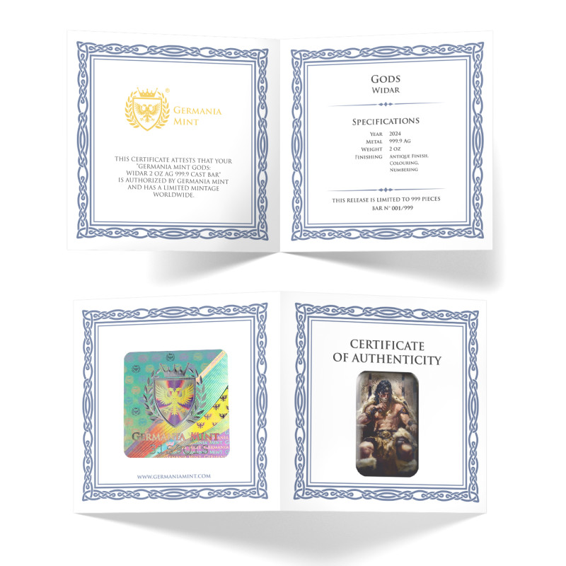 Srebrna Sztabka Germania Mint Gods: Widar, 2 uncje - certyfiakat Srebrna Sztabka Germania Mint Gods: Widar, 2 uncje - certyfiakat