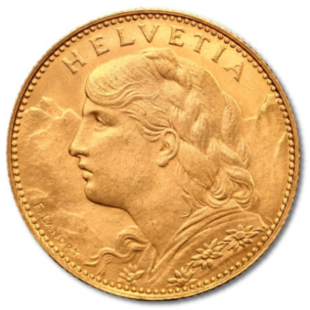 10 Franków Szwajcarskich Pół Vreneli | Złoto | 1911-1922