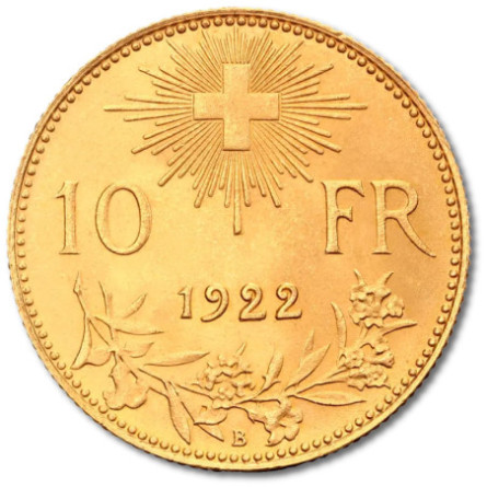 10 Franków Szwajcarskich Pół Vreneli | Złoto | 1911-1922