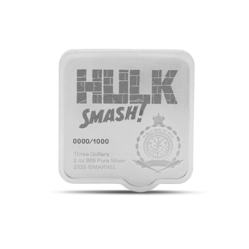 Srebrna Moneta Hulk Smash 2025, 2 uncje Ultra High Relief - awers Srebrna Moneta Hulk Smash 2025, 2 uncje Ultra High Relief - awers