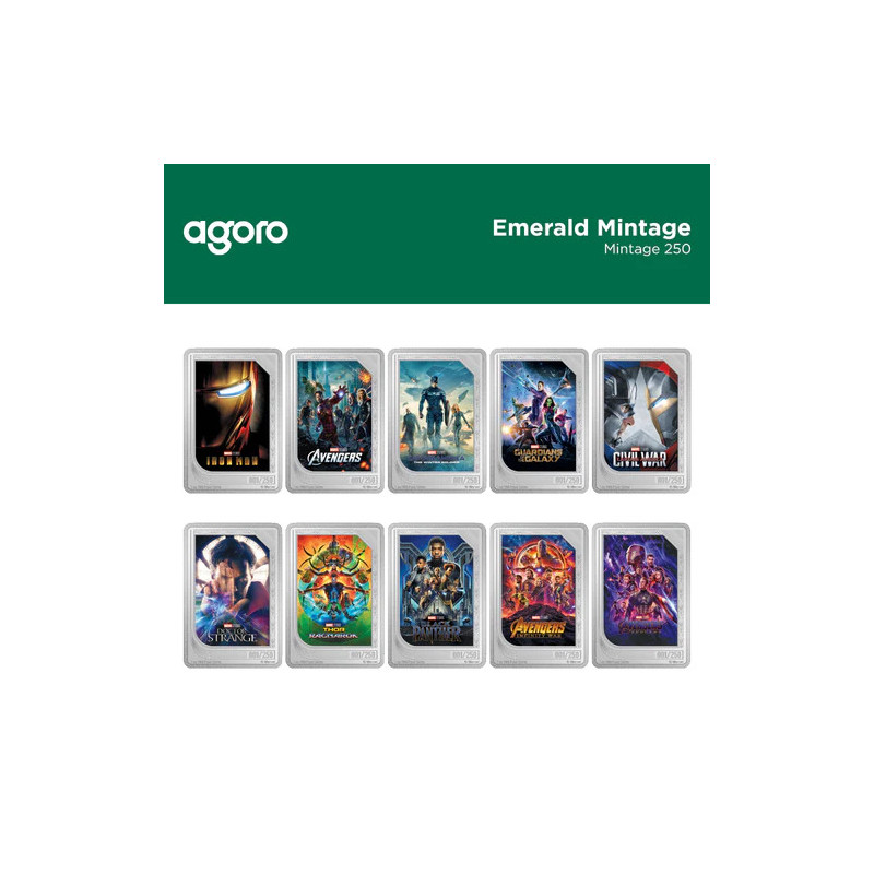 Zestaw Srebrnych Sztabko-Monet Trading Coins – Marvel Studios: The Infinity Saga 2025, 2x 1 uncja - Emerald
