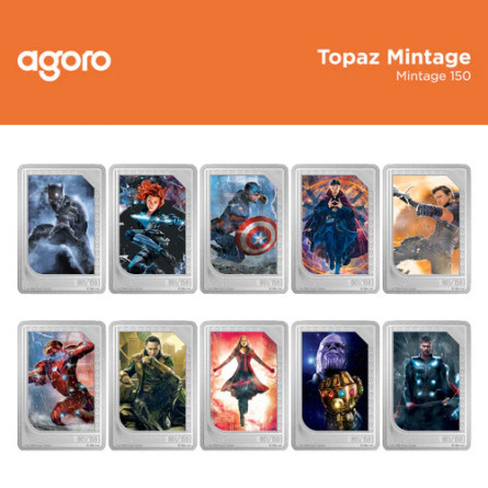 Zestaw Srebrnych Sztabko-Monet Trading Coins – Marvel Studios: The Infinity Saga 2025, 2x 1 uncja Topaz