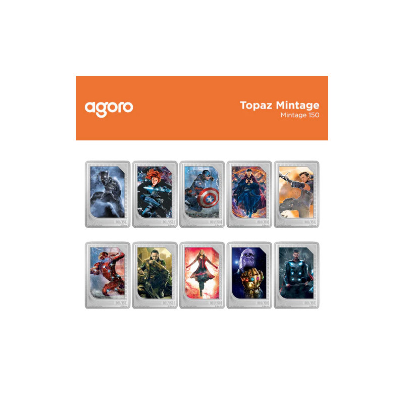 Zestaw Srebrnych Sztabko-Monet Trading Coins – Marvel Studios: The Infinity Saga 2025, 2x 1 uncja Topaz