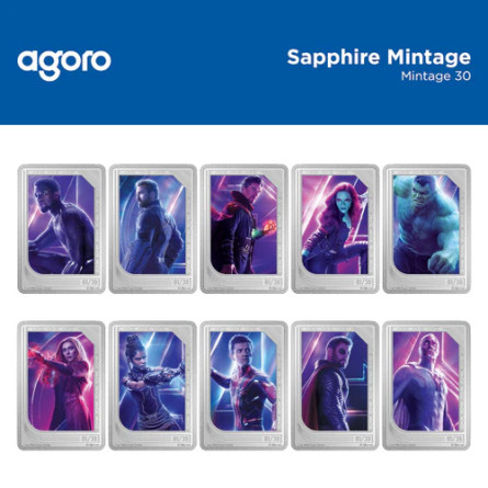 Zestaw Srebrnych Sztabko-Monet Trading Coins – Marvel Studios: The Infinity Saga 2025, 2x 1 uncja - Saphire