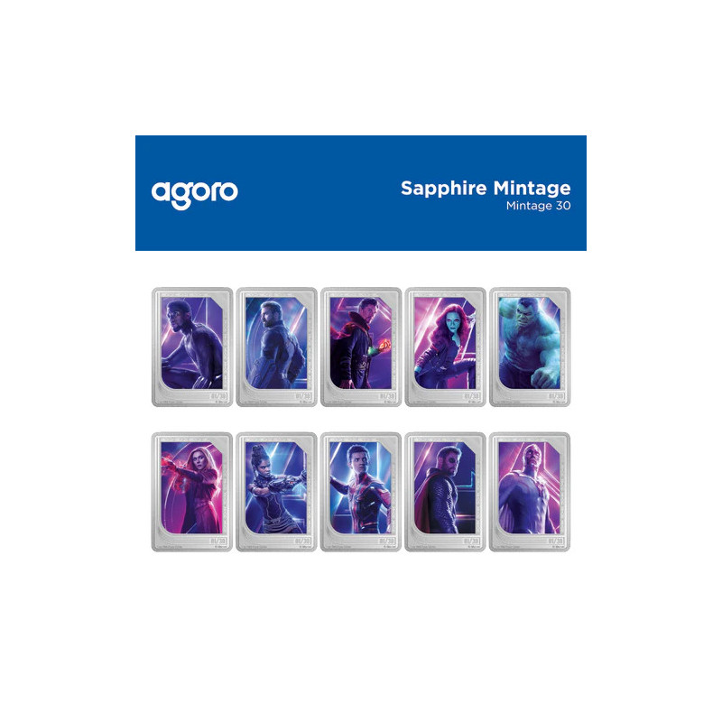 Zestaw Srebrnych Sztabko-Monet Trading Coins – Marvel Studios: The Infinity Saga 2025, 2x 1 uncja - Saphire