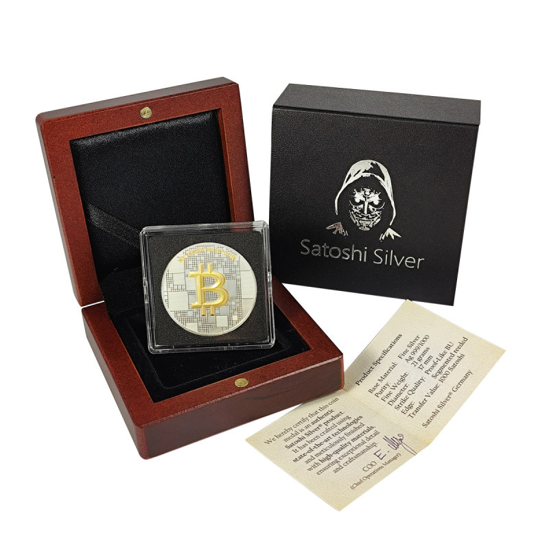 Srebrny Medaille Bitcoin 1000 SAT, 21 Gramm Silber + Gold - Box Srebrny Medaille Bitcoin 1000 SAT, 21 Gramm Silber + Gold - Box