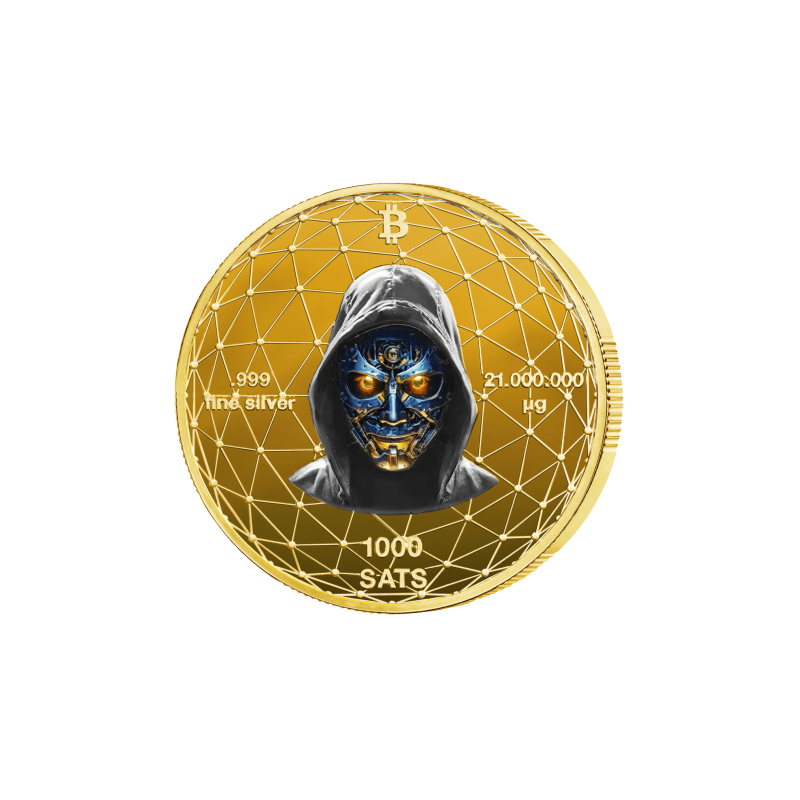Srebrny Medaille Bitcoin 1000 SATS, 21 Gramm Vergoldetes Platin - awers