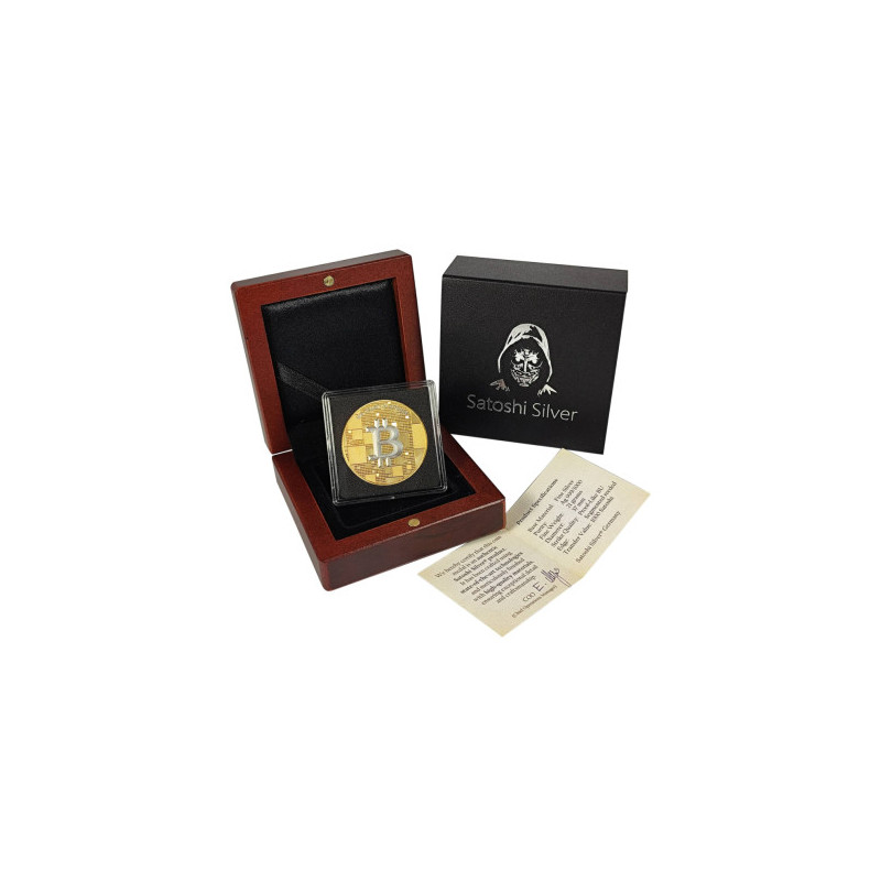 Srebrny Medaille Bitcoin 1000 SATS, 21 Gramm Vergoldetes Platin - Box