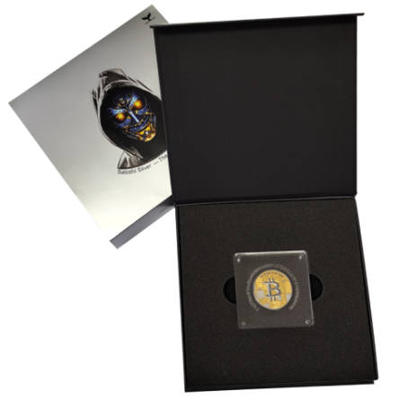 Srebrny Medal Bitcoin 1000 SATS, 21 grama Platinum Rhodium - box 3
