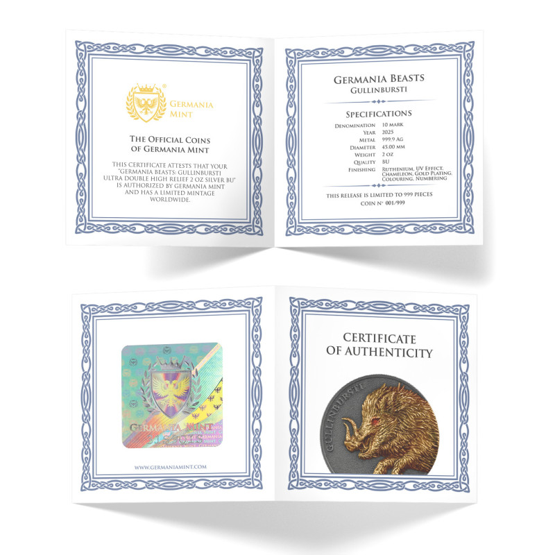 Srebrna Moneta Germania Beasts: Gullinbursti 2025 Ultra High Relief, 2 uncje - cert