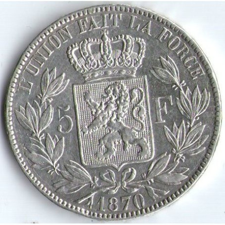 Srebrna Moneta 5 Franków 1832-1878, 25 gramów - Leopold II Srebrna Moneta 5 Franków 1832-1878, 25 gramów - Leopold II