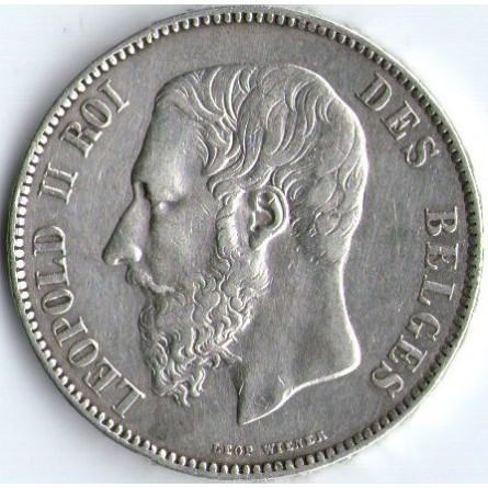 Srebrna Moneta 5 Franków 1832-1878, 25 gramów - Leopold II Srebrna Moneta 5 Franków 1832-1878, 25 gramów - Leopold II