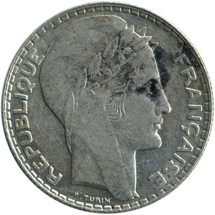 Srebrna Moneta 10 Franków 1929-1939, 10g - awers