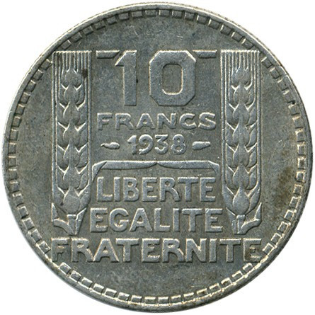 Srebrna Moneta 10 Franków 1929-1939, 10g - awers