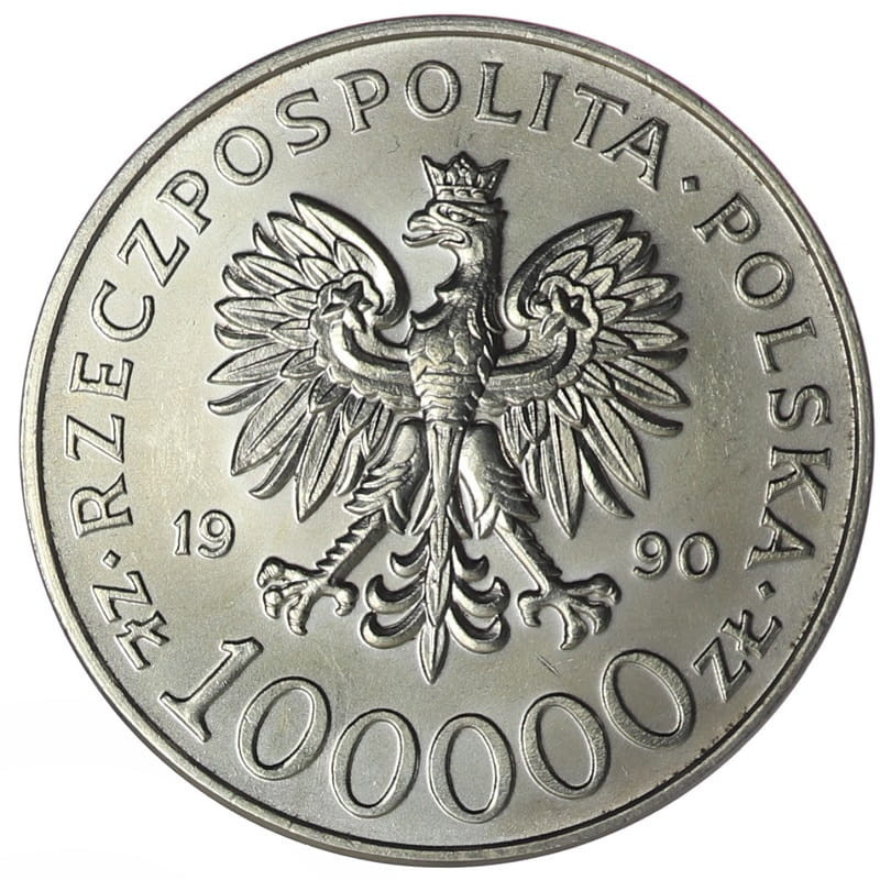 Srebrna Moneta 100000zł Solidarnosć 1990, 1 uncja (typ A) - awers