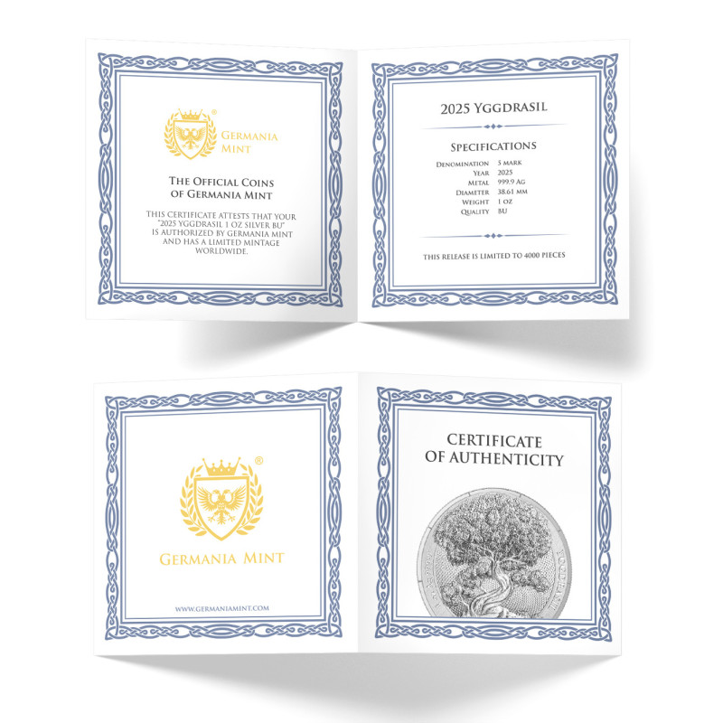 Mythical Forest Silbermünze: Yggdrasil 2025 BU, 1 oz - Zertifikat