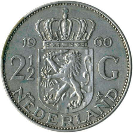Silver Coin Netherlands 2 1/2 Guilders 1959-1966, 15 grams - reverse side