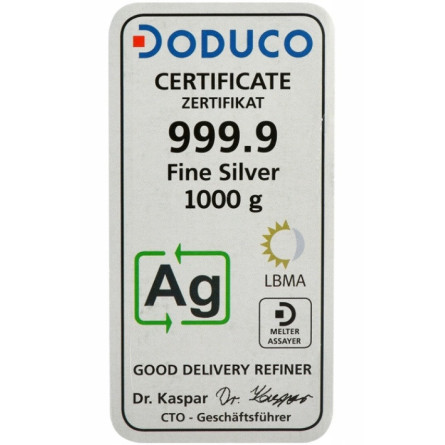 Srebrna Sztabka Doduco, 1 kg - front