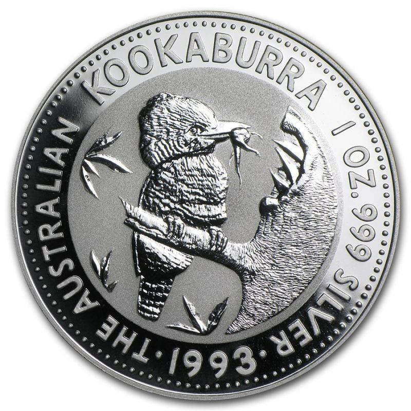Австралійська срібна монета Кукабурра 1993 року, 1 унція. Австралійська срібна монета Кукабурра 1993 року, 1 унція.