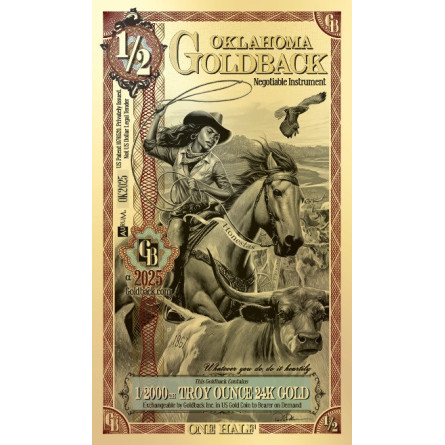 Gold 1/2 Oklahoma Goldback-Note, 1/2000 Unze.